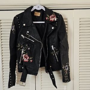 Floral Embroidered Black Leather Jacket